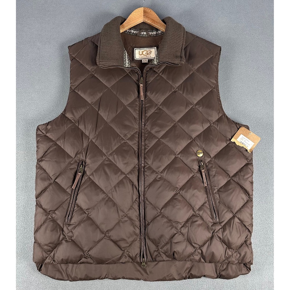 UGG Puffer Vest Mens XL Chocolate Brown Quilted Down Fill Fleece Lined Gilet